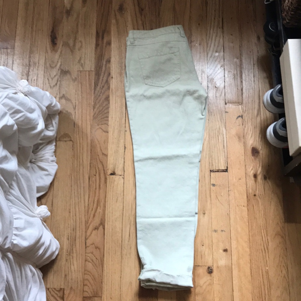 Mint green jeans by Pilcro and the letterpress